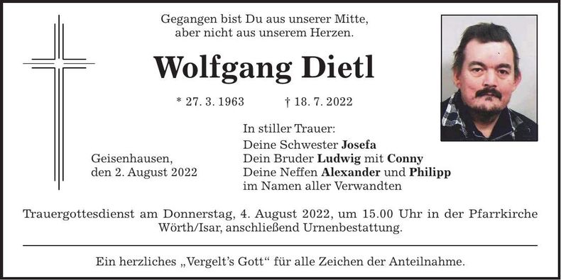 Traueranzeige Wolfgang Dietl