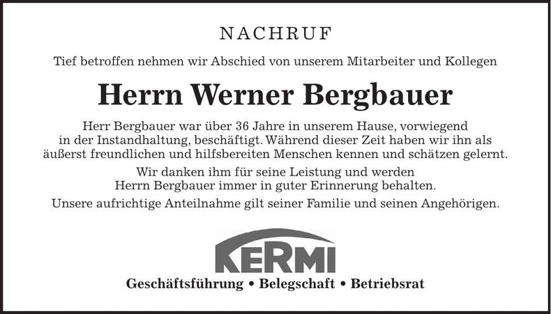 Traueranzeige Werner Bergbauer