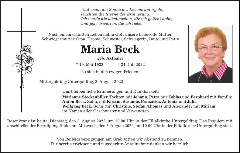 Traueranzeige Maria Beck