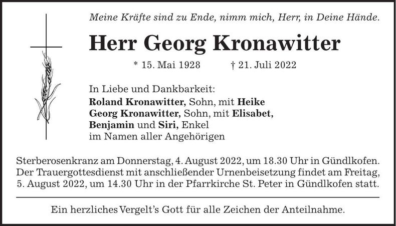 Traueranzeige Georg Kronawitter