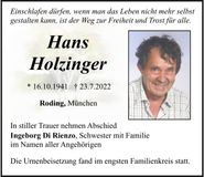 Traueranzeige Hans Holzinger