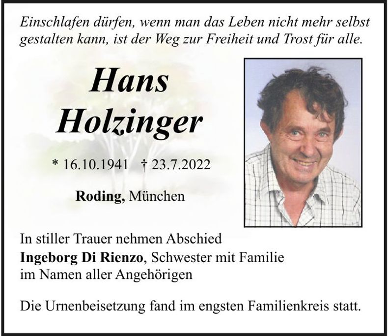Traueranzeige Hans Holzinger