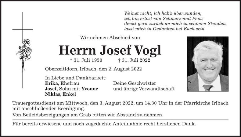 Traueranzeige Josef Vogl