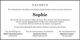 Traueranzeige Sophie Pöschl