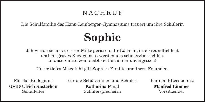 Traueranzeige Sophie Pöschl