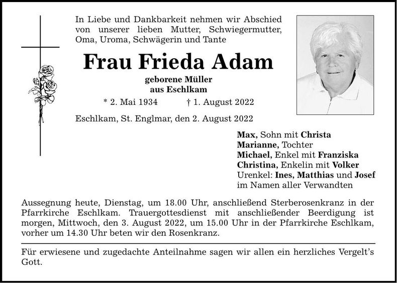 Traueranzeige Frieda Adam