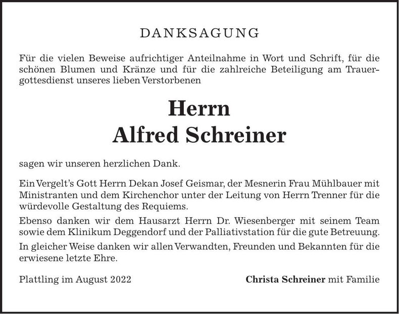 Traueranzeige Alfred Schreiner