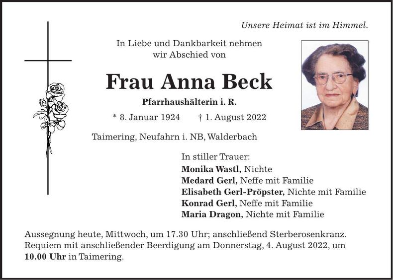 Traueranzeige Anna Beck
