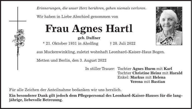 Traueranzeige Agnes Hartl