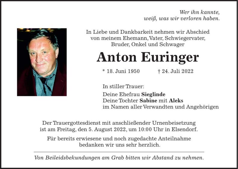 Traueranzeige Anton Euringer