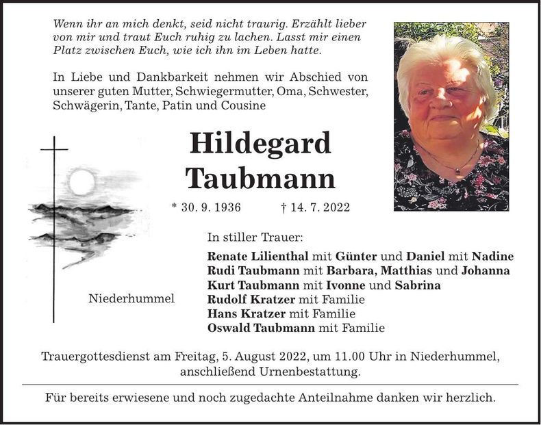 Traueranzeige Hildegard Taubmann