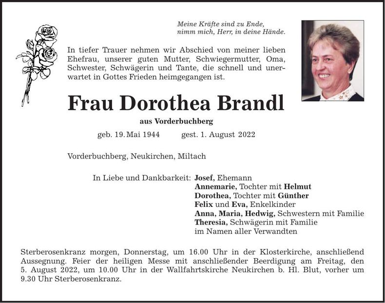 Traueranzeige Dorothea Brandl