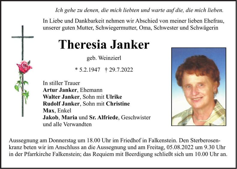 Traueranzeige Theresia Janker
