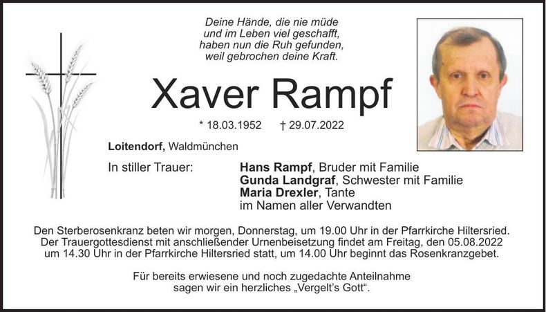 Traueranzeige Xaver Rampf
