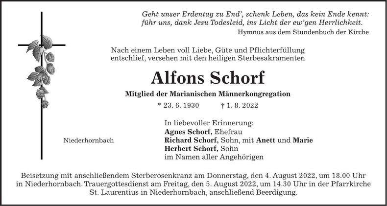 Traueranzeige Alfons Schorf