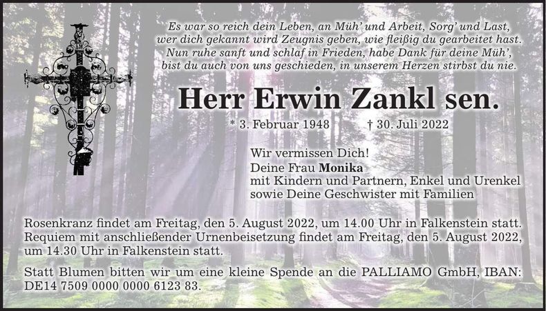 Traueranzeige Erwin Zankl
