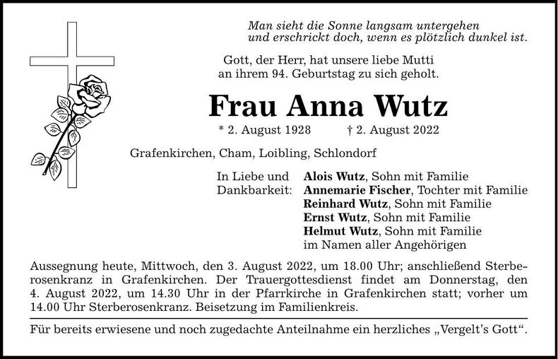 Traueranzeige Anna Wutz