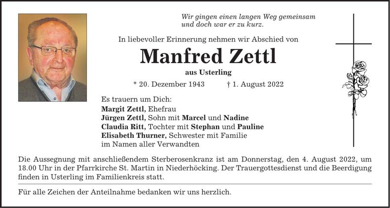 Traueranzeige Manfred Zettl