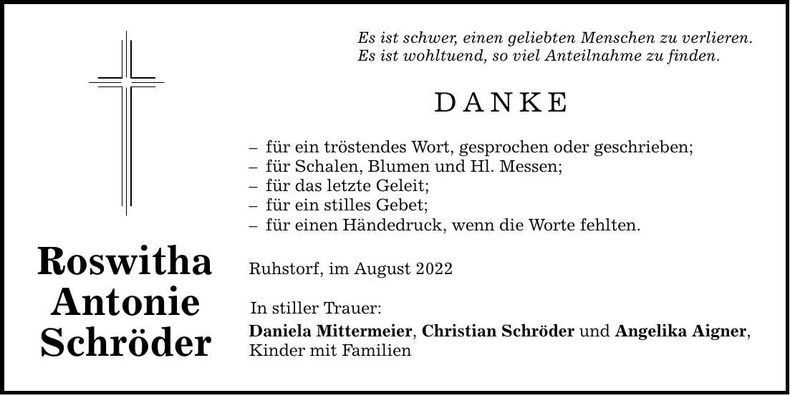 Traueranzeige Roswitha Antonie Schröder