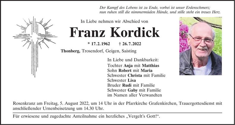 Traueranzeige Franz Kordick