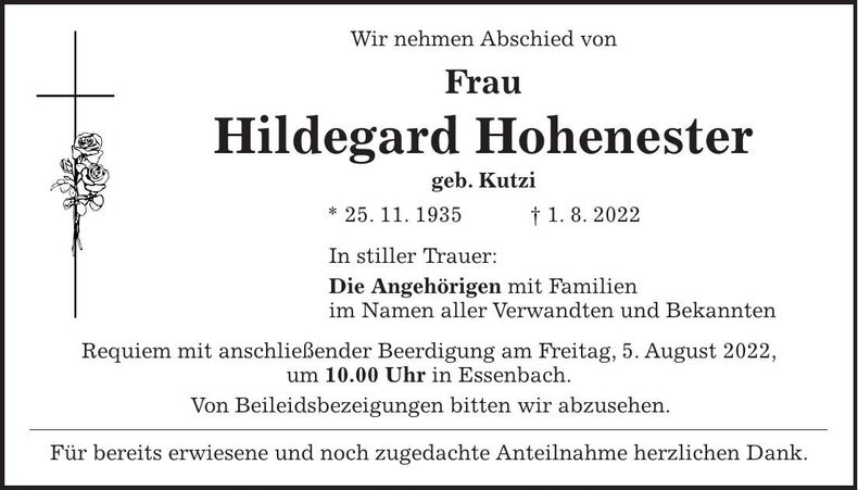 Traueranzeige Hildegard Hohenester