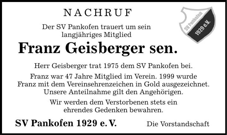 Traueranzeige Franz Geisberger
