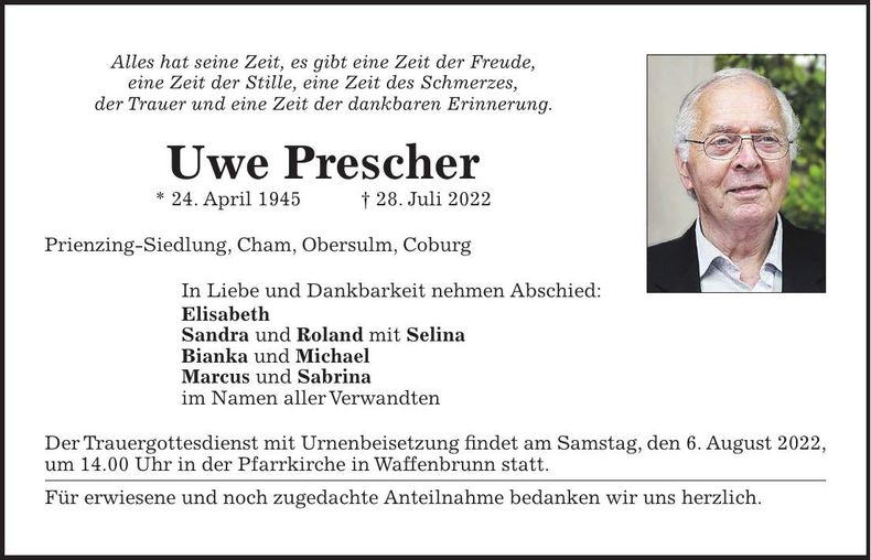 Traueranzeige Uwe Prescher