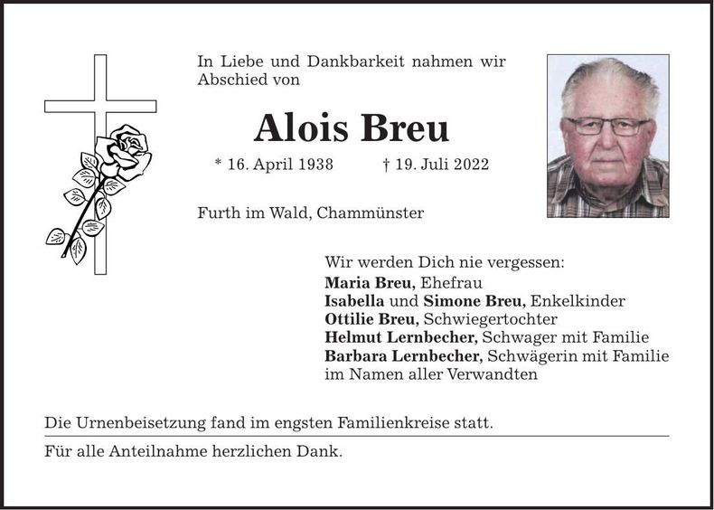 Traueranzeige Alois Breu