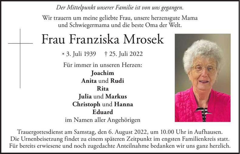 Traueranzeige Franziska Mrosek