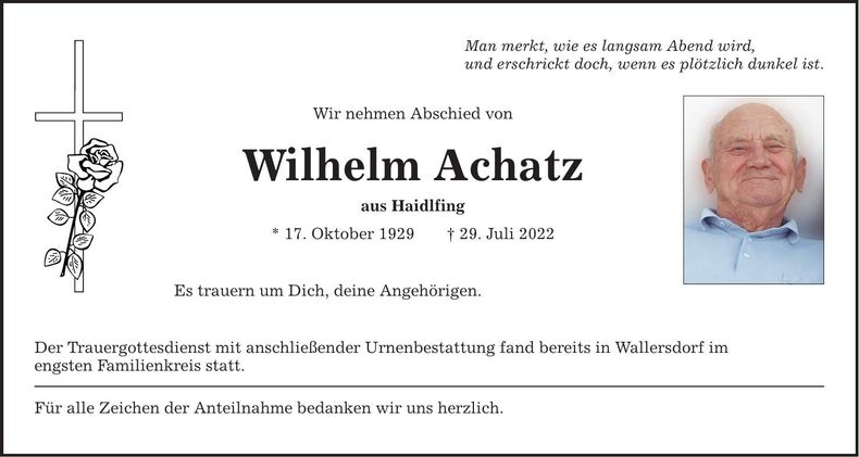 Traueranzeige Wilhelm Achatz