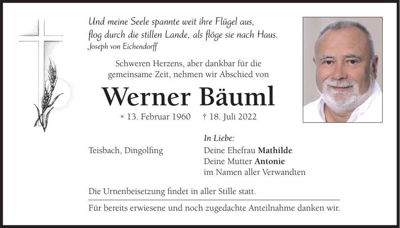 Traueranzeige Werner Bäuml