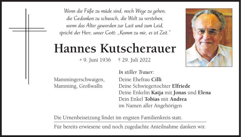 Traueranzeige Hannes Kutscherauer