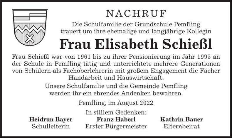 Traueranzeige Elisabeth Schießl