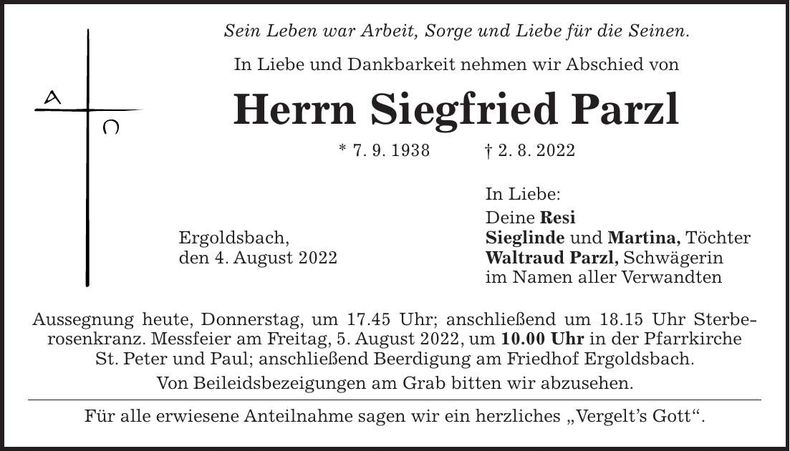 Traueranzeige Siegfried Parzl