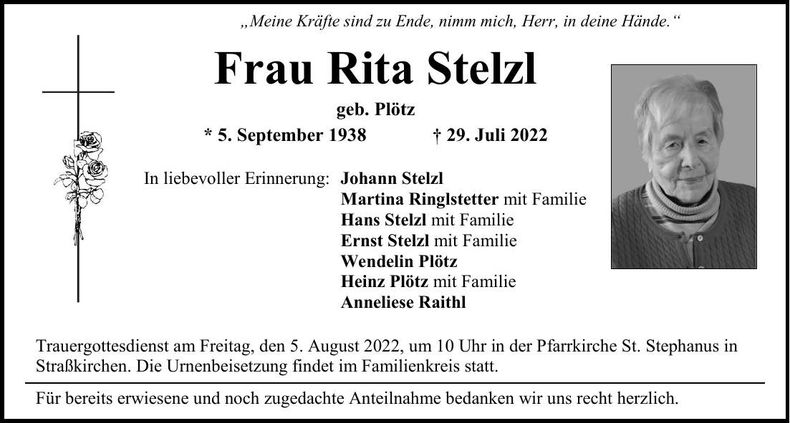 Traueranzeige Rita Stelzl
