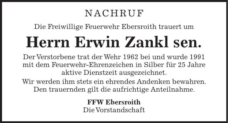 Traueranzeige Erwin Zankl