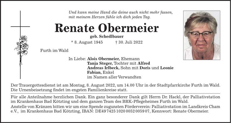 Traueranzeige Renate Obermeier