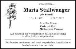 Traueranzeige Maria Stallwanger