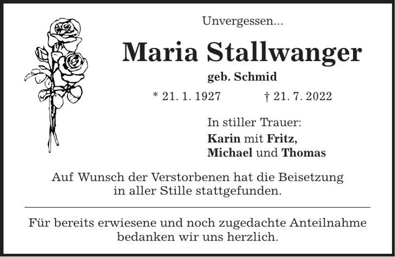Traueranzeige Maria Stallwanger