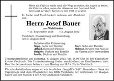 Traueranzeige Josef Bauer