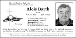 Traueranzeige Alois Barth