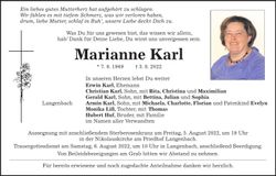Traueranzeige Marianne Karl