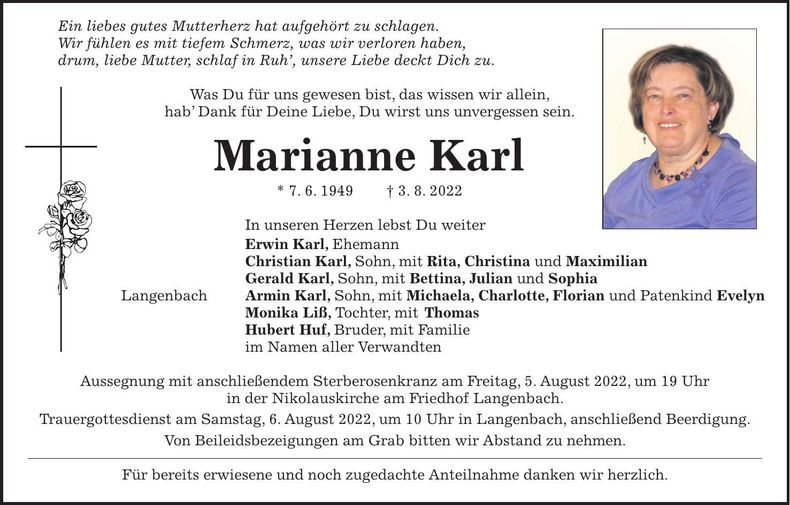 Traueranzeige Marianne Karl