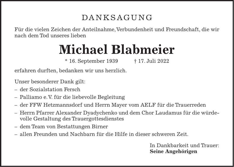 Traueranzeige Michael Blabmeier