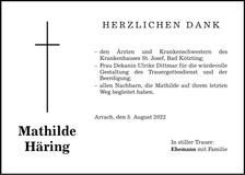 Traueranzeige Mathilde Häring