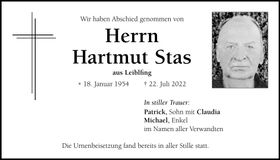 Traueranzeige Hartmut Stas