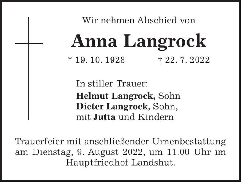 Traueranzeige Anna Langrock