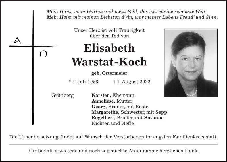 Traueranzeige Elisabeth Warstat-Koch