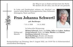 Traueranzeige Johanna Schwertl