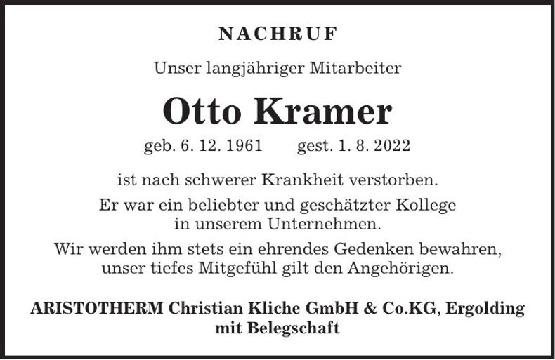 Traueranzeige Otto Kramer